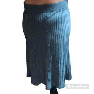Ribbed rayon blend knit A line mid length skirt with button accent